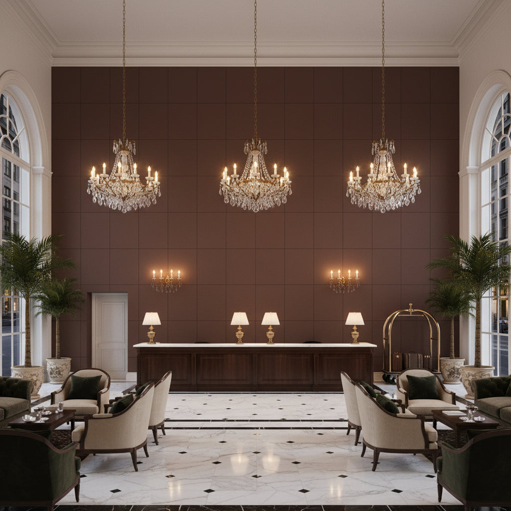 Ultrasuede Green Brandy | Kravet - Hotel Lobby Visualization (AI-generated, may not be to scale. Verify pattern scale with product specifications.)