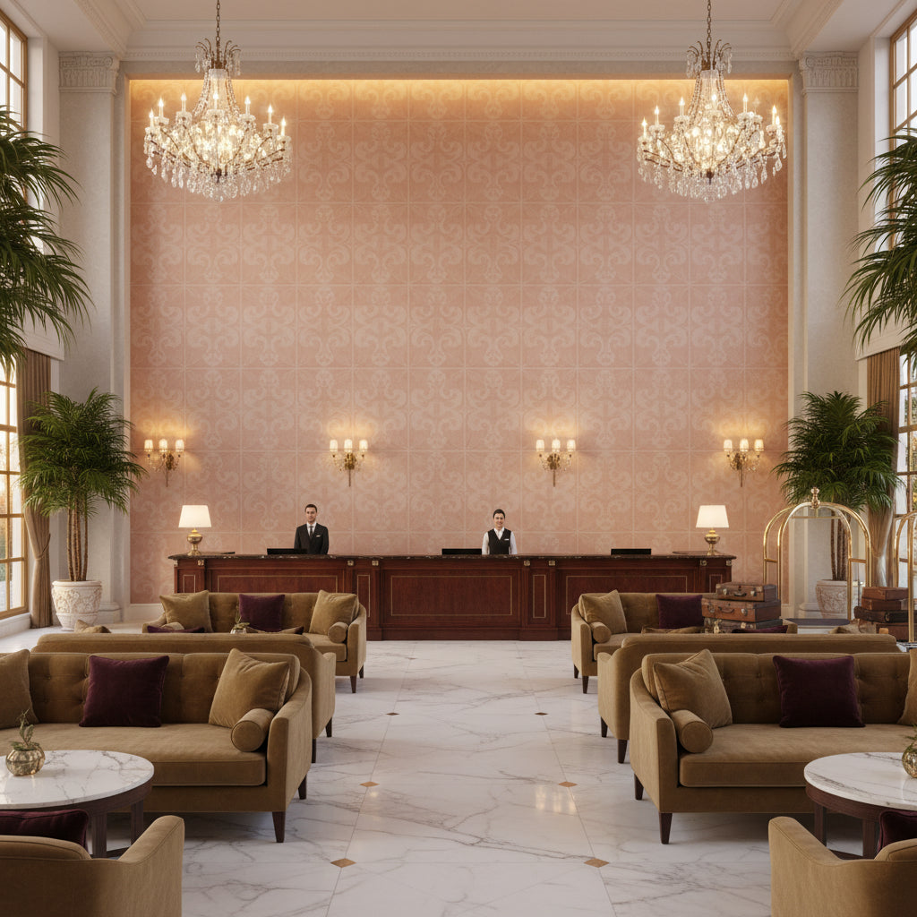 Ultrasuede Green Blush | Kravet - Hotel Lobby Visualization (AI-generated, may not be to scale. Verify pattern scale with product specifications.)