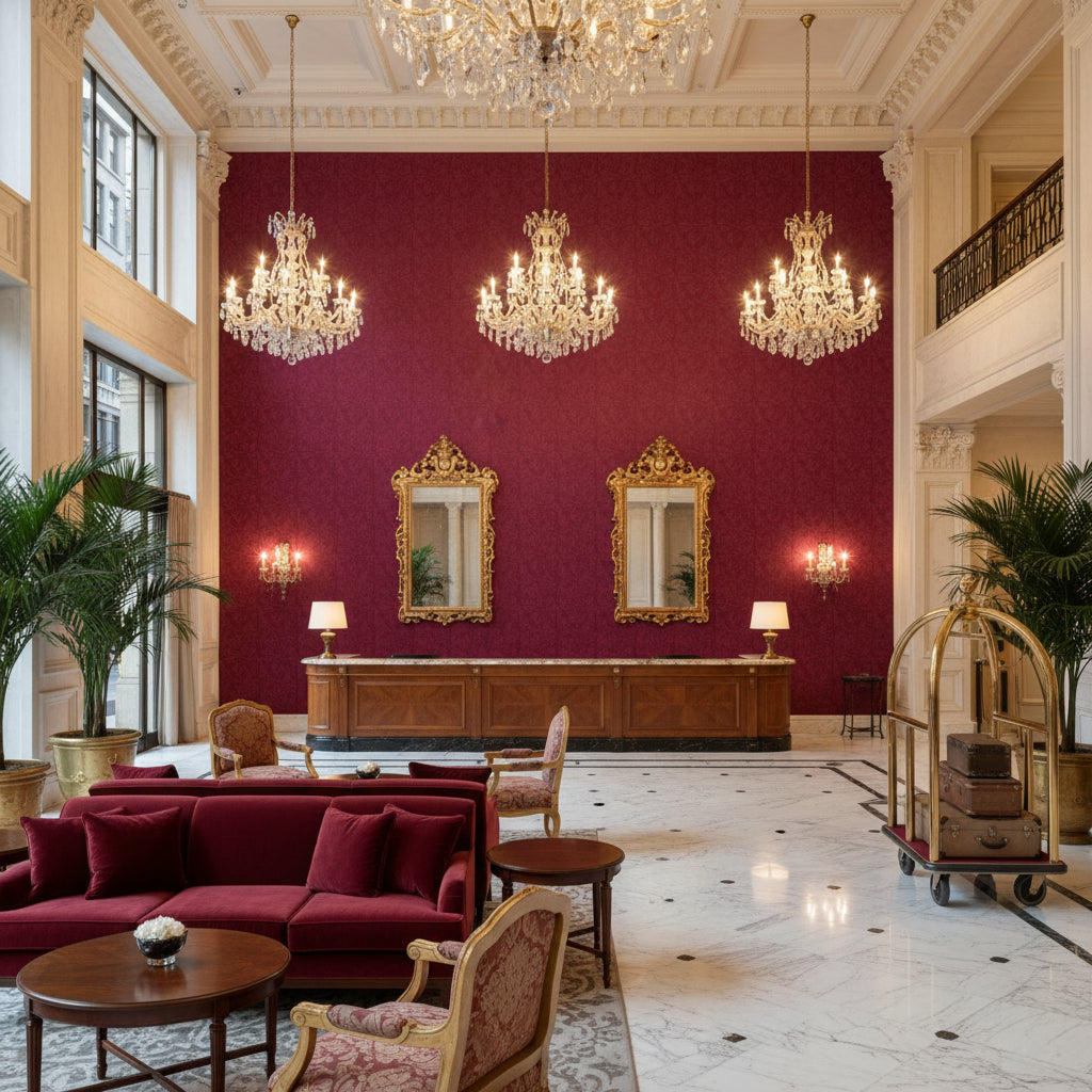 Ultrasuede Green burgundy | Kravet - Hotel Lobby Visualization (AI-generated, may not be to scale. Verify pattern scale with product specifications.)