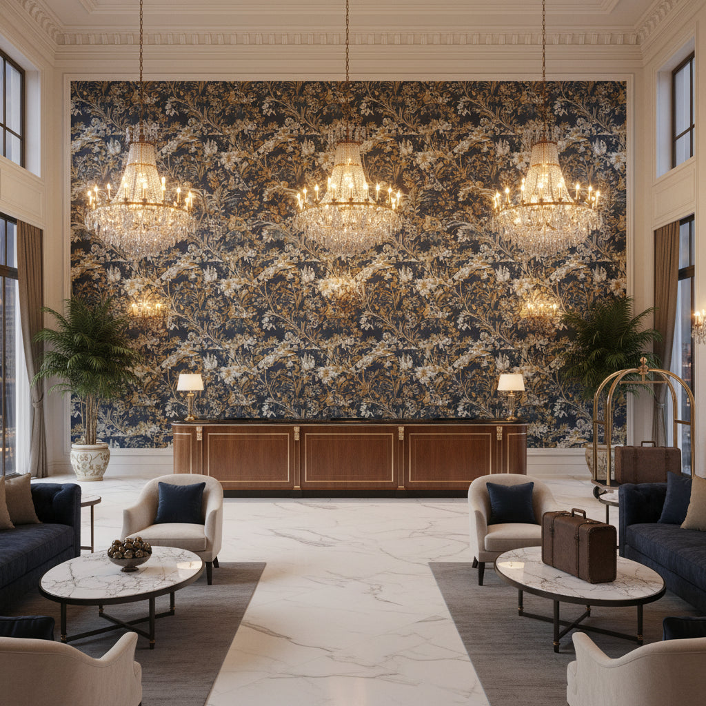 Ultrasuede Green dark slate gray | Kravet - Hotel Lobby Visualization (AI-generated, may not be to scale. Verify pattern scale with product specifications.)