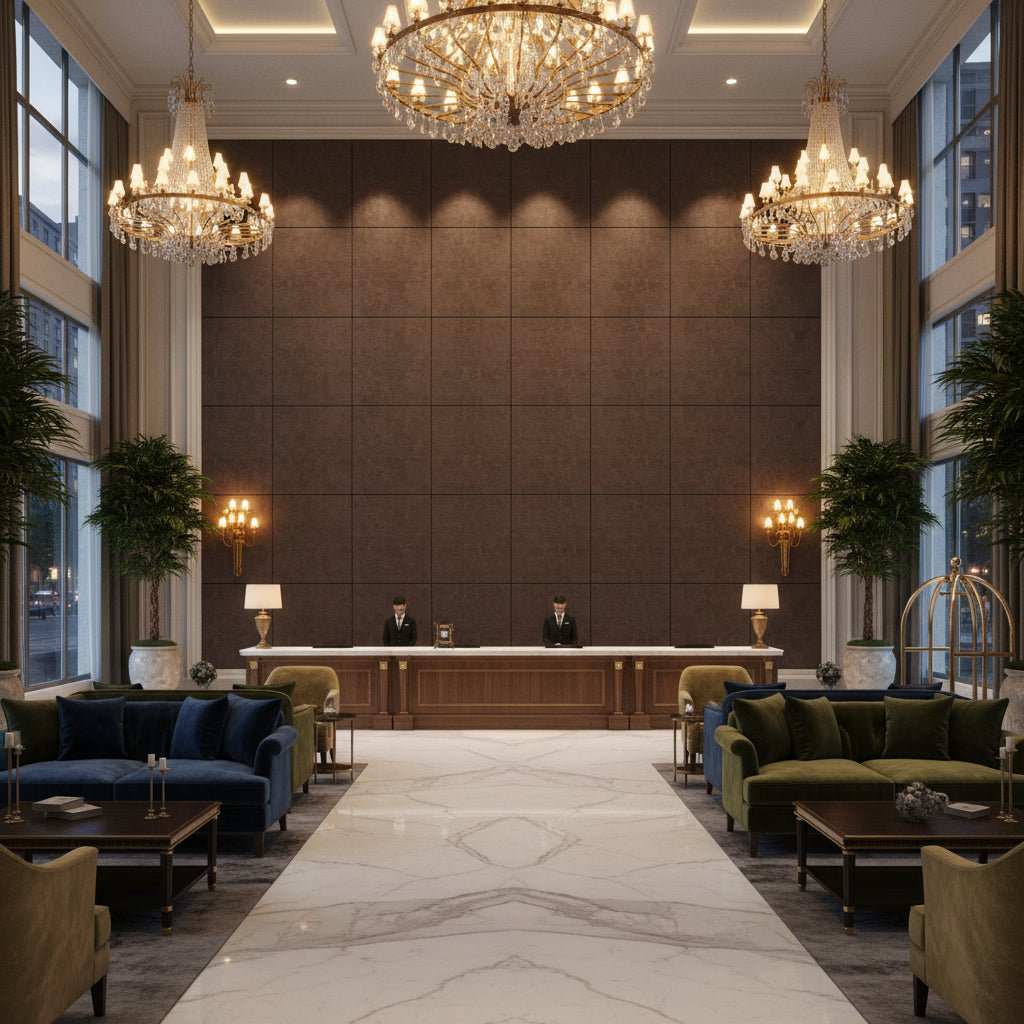Ultrasuede Green Noir | Kravet - Hotel Lobby Visualization (AI-generated, may not be to scale. Verify pattern scale with product specifications.)