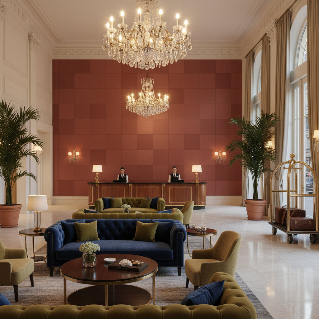Ultrasuede Green Craisin | Kravet - Hotel Lobby Visualization (AI-generated, may not be to scale. Verify pattern scale with product specifications.)