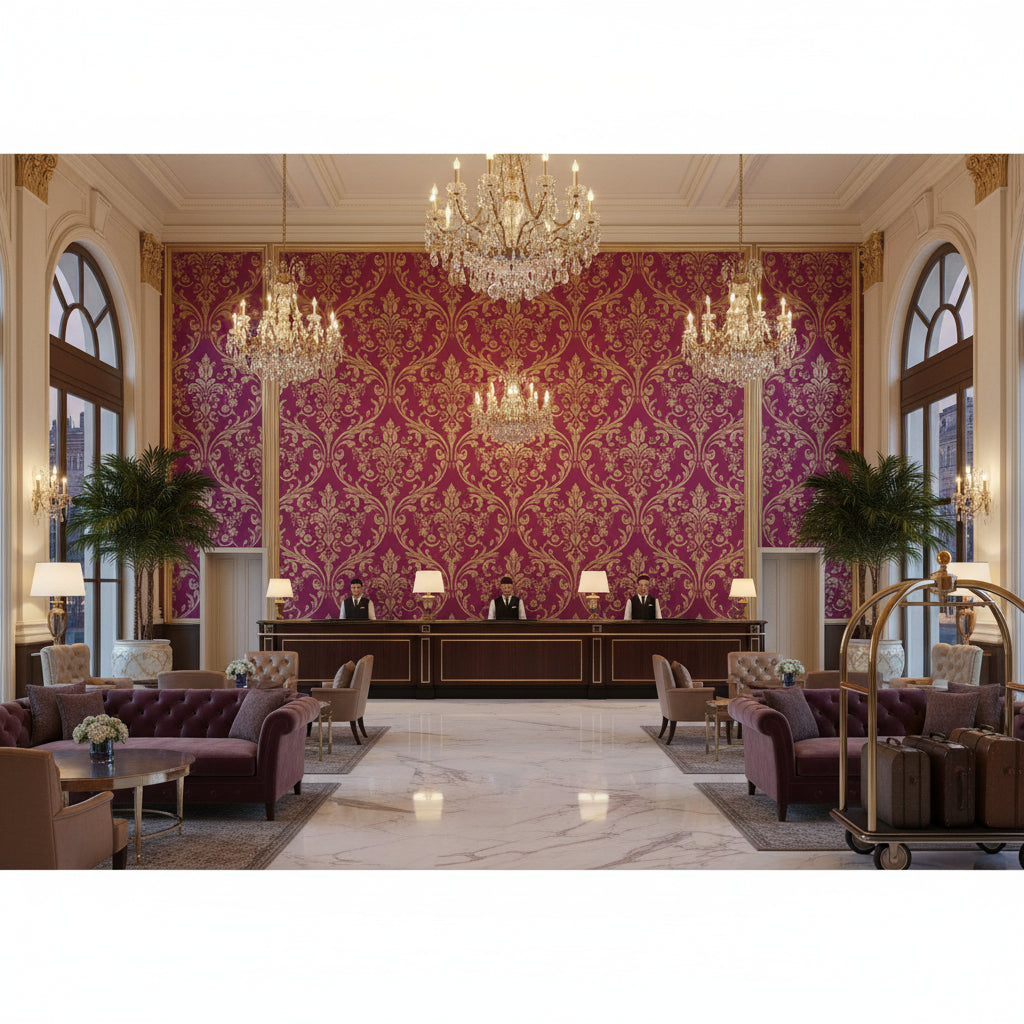Ultrasuede Green raspberry | Kravet - Hotel Lobby Visualization (AI-generated, may not be to scale. Verify pattern scale with product specifications.)