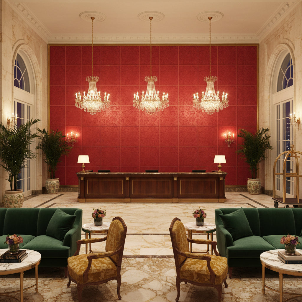 Ultrasuede Green burgundy | Kravet - Hotel Lobby Visualization (AI-generated, may not be to scale. Verify pattern scale with product specifications.)