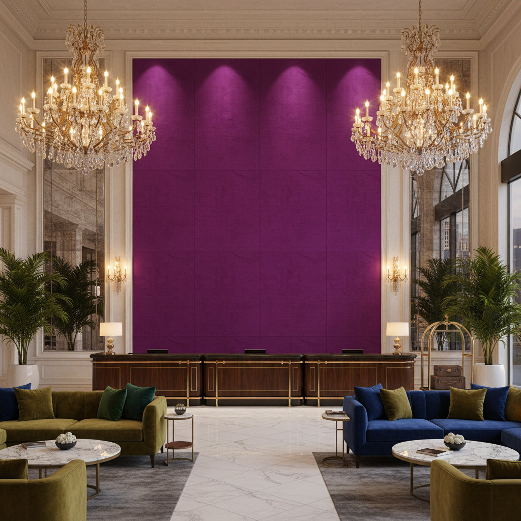 Ultrasuede Green plum | Kravet - Hotel Lobby Visualization (AI-generated, may not be to scale. Verify pattern scale with product specifications.)