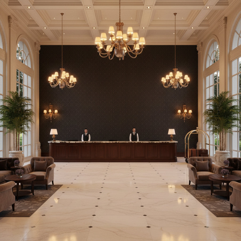 Microsuede Noir | Kravet - Hotel Lobby Visualization (AI-generated, may not be to scale. Verify pattern scale with product specifications.)