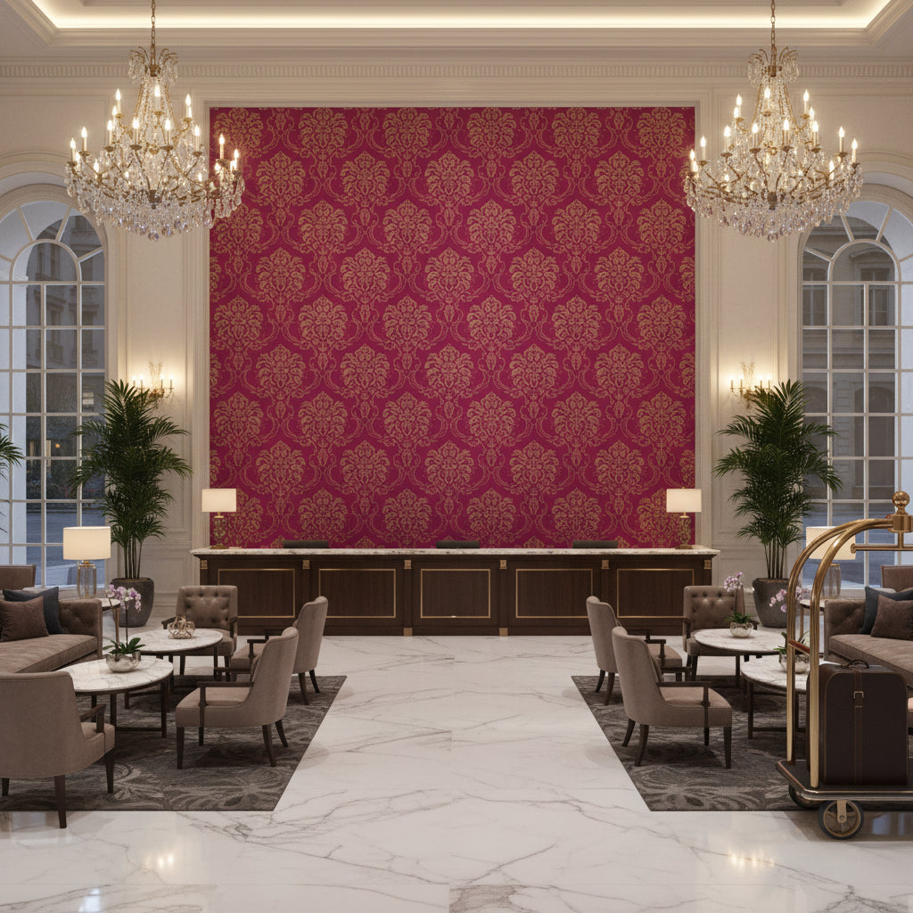 Microsuede raspberry | Kravet - Hotel Lobby Visualization (AI-generated, may not be to scale. Verify pattern scale with product specifications.)