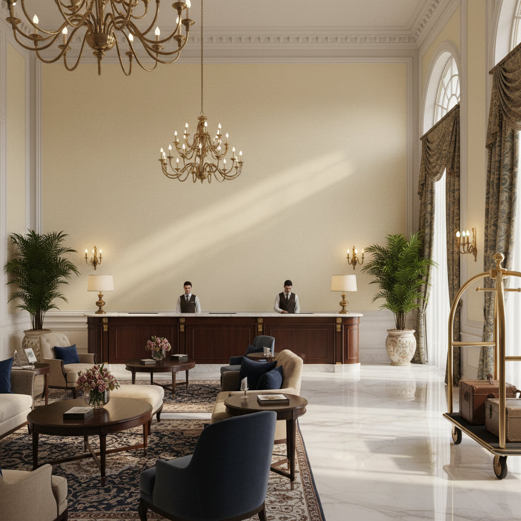 Suede Texture pale yellow | Kravet - Hotel Lobby Visualization (AI-generated, may not be to scale. Verify pattern scale with product specifications.)