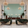 Suede Texture seafoam green | Kravet - Hotel Lobby Visualization (AI-generated, may not be to scale. Verify pattern scale with product specifications.)