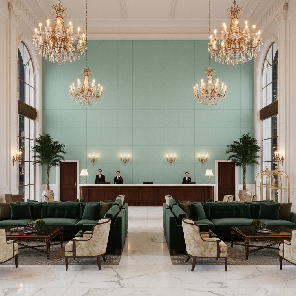 Suede Texture seafoam green | Kravet - Hotel Lobby Visualization (AI-generated, may not be to scale. Verify pattern scale with product specifications.)