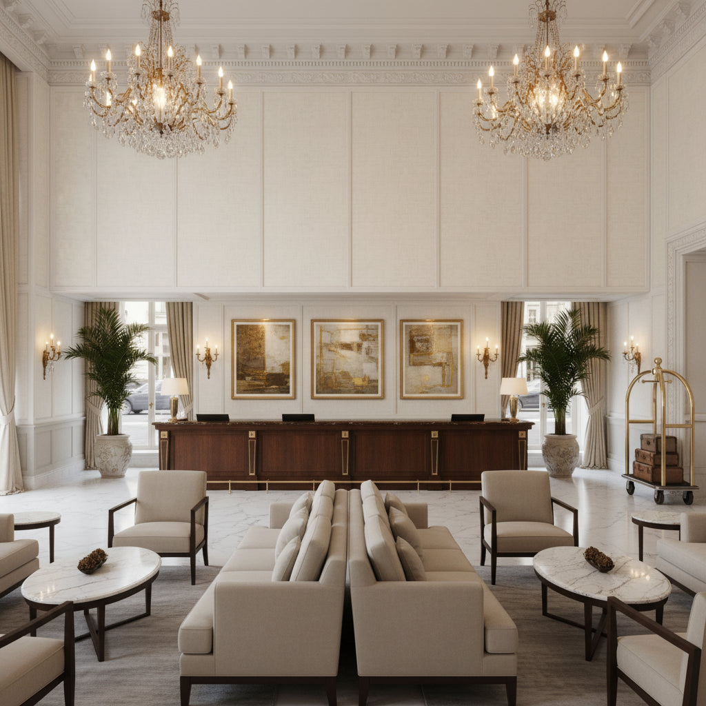 Stacked Wp ivory | Kravet - Hotel Lobby Visualization (AI-generated, may not be to scale. Verify pattern scale with product specifications.)