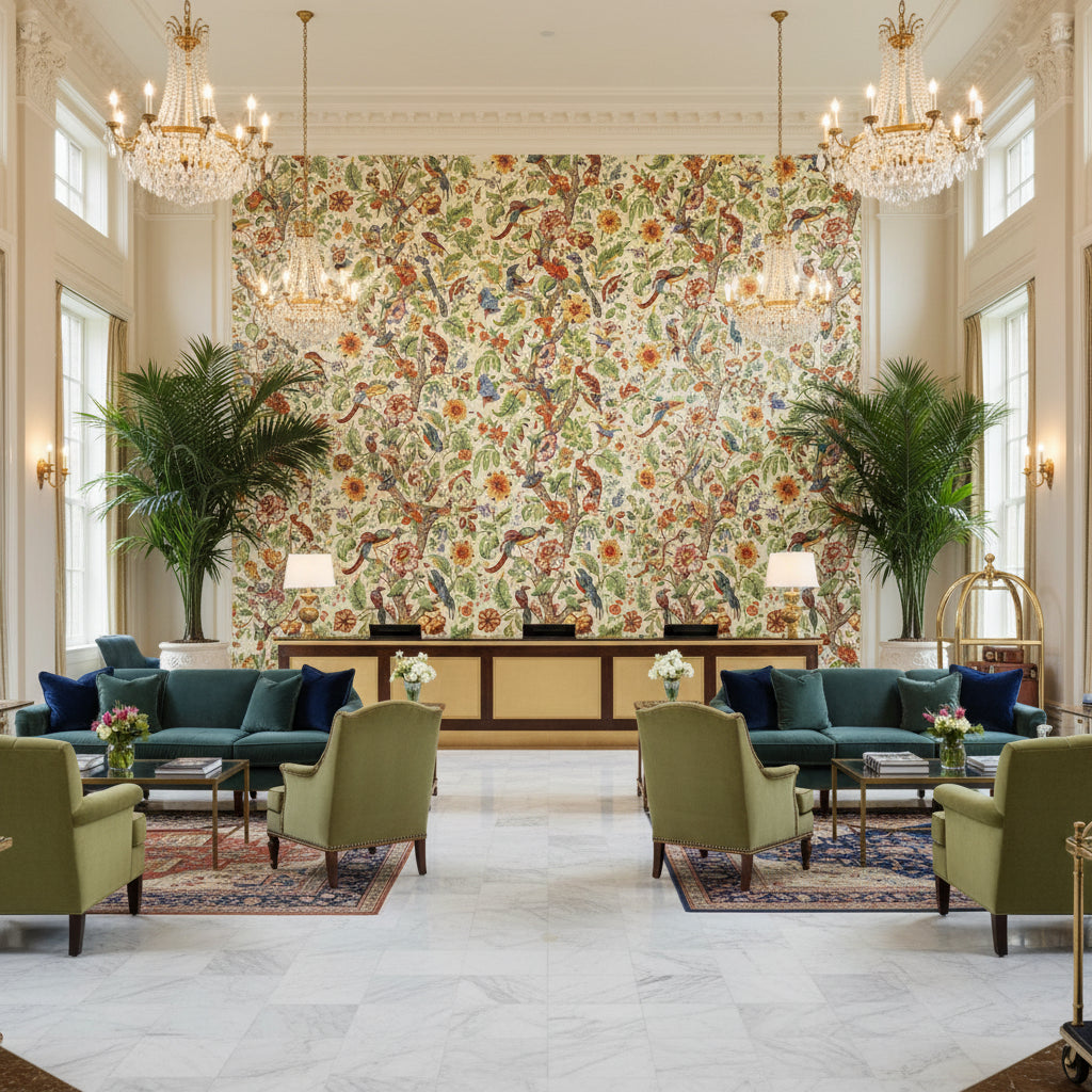 667069.LJ.0 | Kravet - Hotel Lobby Visualization (AI-generated, may not be to scale. Verify pattern scale with product specifications.)