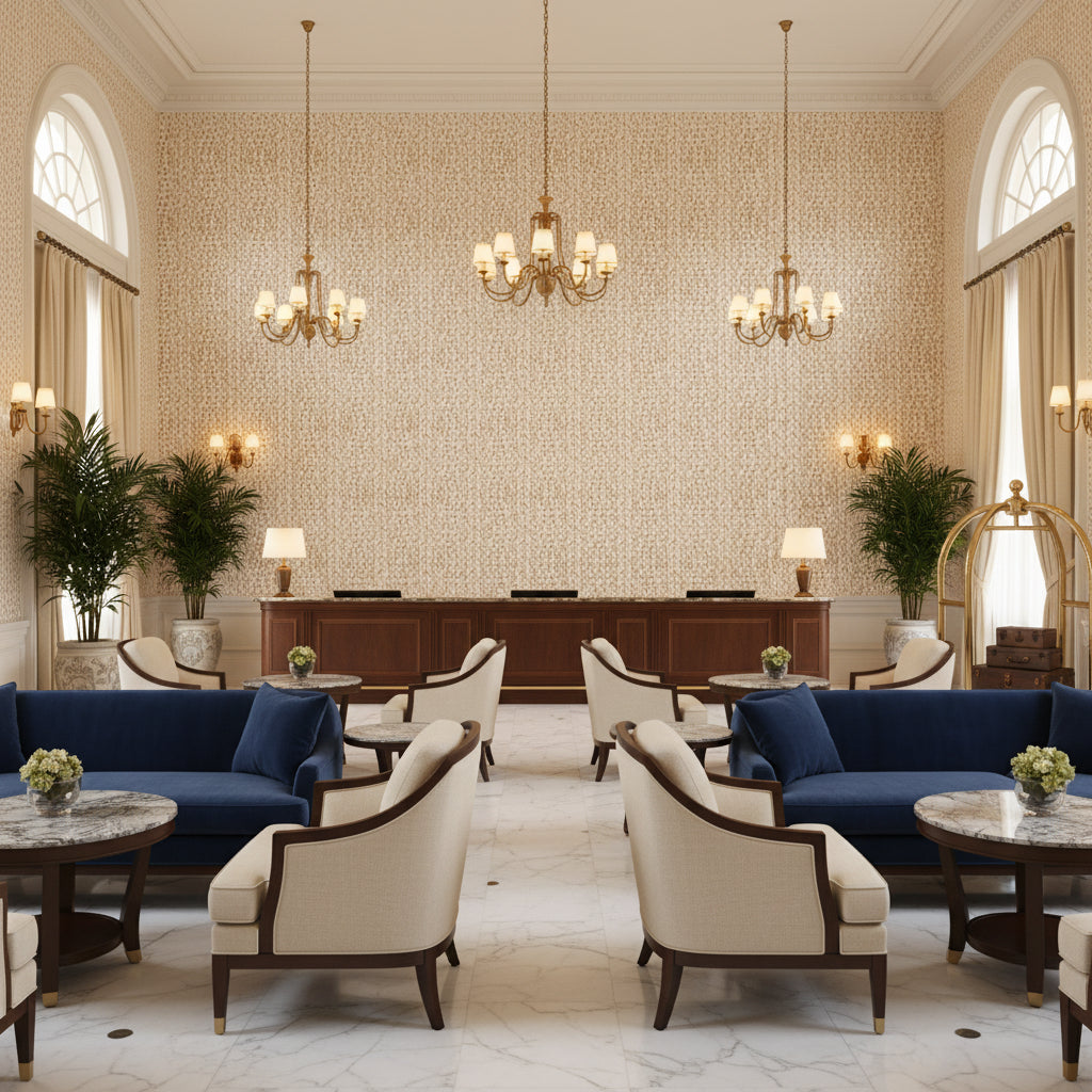 8012138.116.0 | Kravet - Hotel Lobby Visualization (AI-generated, may not be to scale. Verify pattern scale with product specifications.)