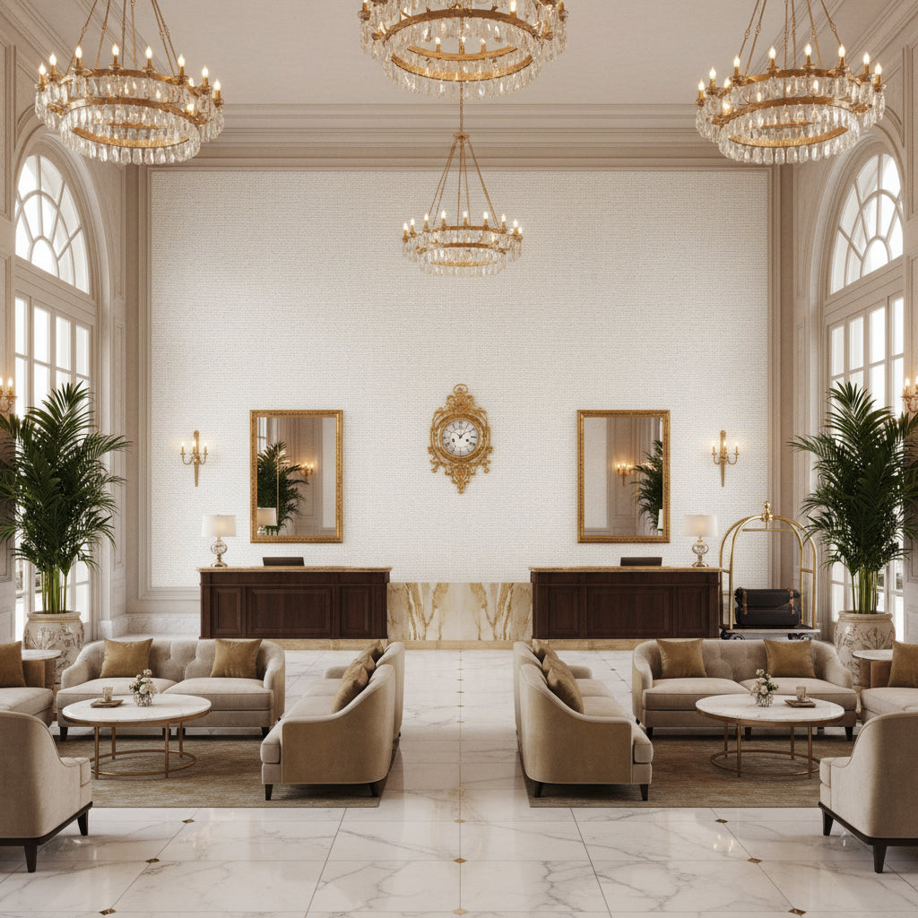 8012140.101.0 | Kravet - Hotel Lobby Visualization (AI-generated, may not be to scale. Verify pattern scale with product specifications.)