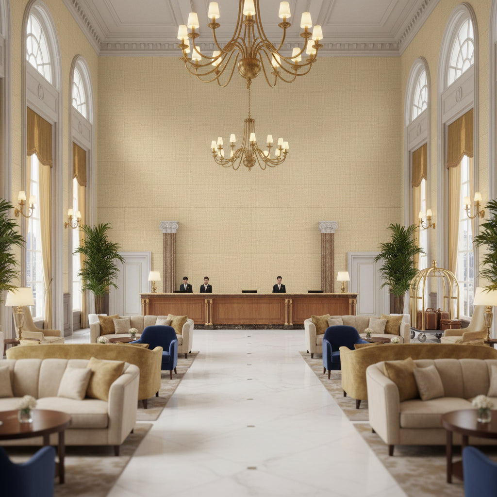 8012140.1111.0 | Kravet - Hotel Lobby Visualization (AI-generated, may not be to scale. Verify pattern scale with product specifications.)