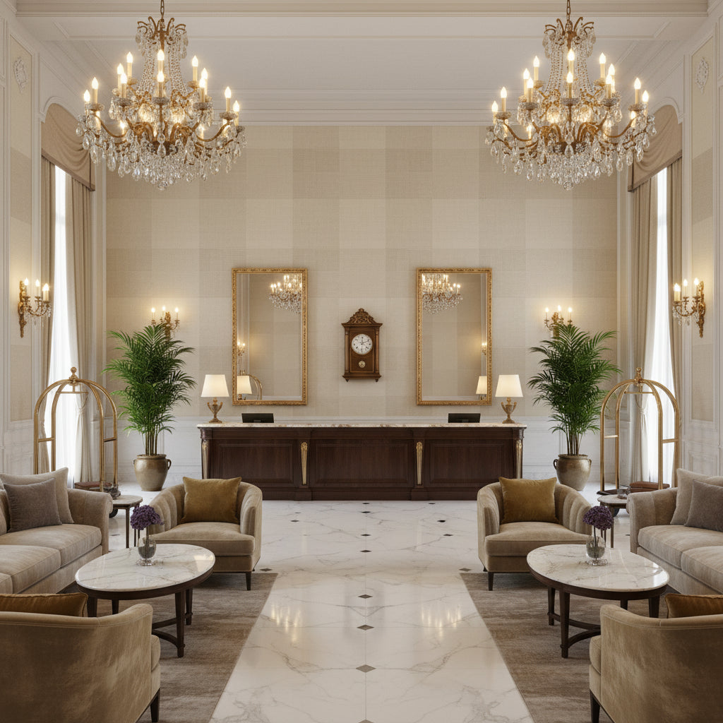 8012140.1116.0 | Kravet - Hotel Lobby Visualization (AI-generated, may not be to scale. Verify pattern scale with product specifications.)