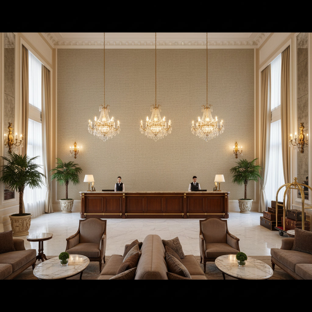 8012140.116.0 | Kravet - Hotel Lobby Visualization (AI-generated, may not be to scale. Verify pattern scale with product specifications.)