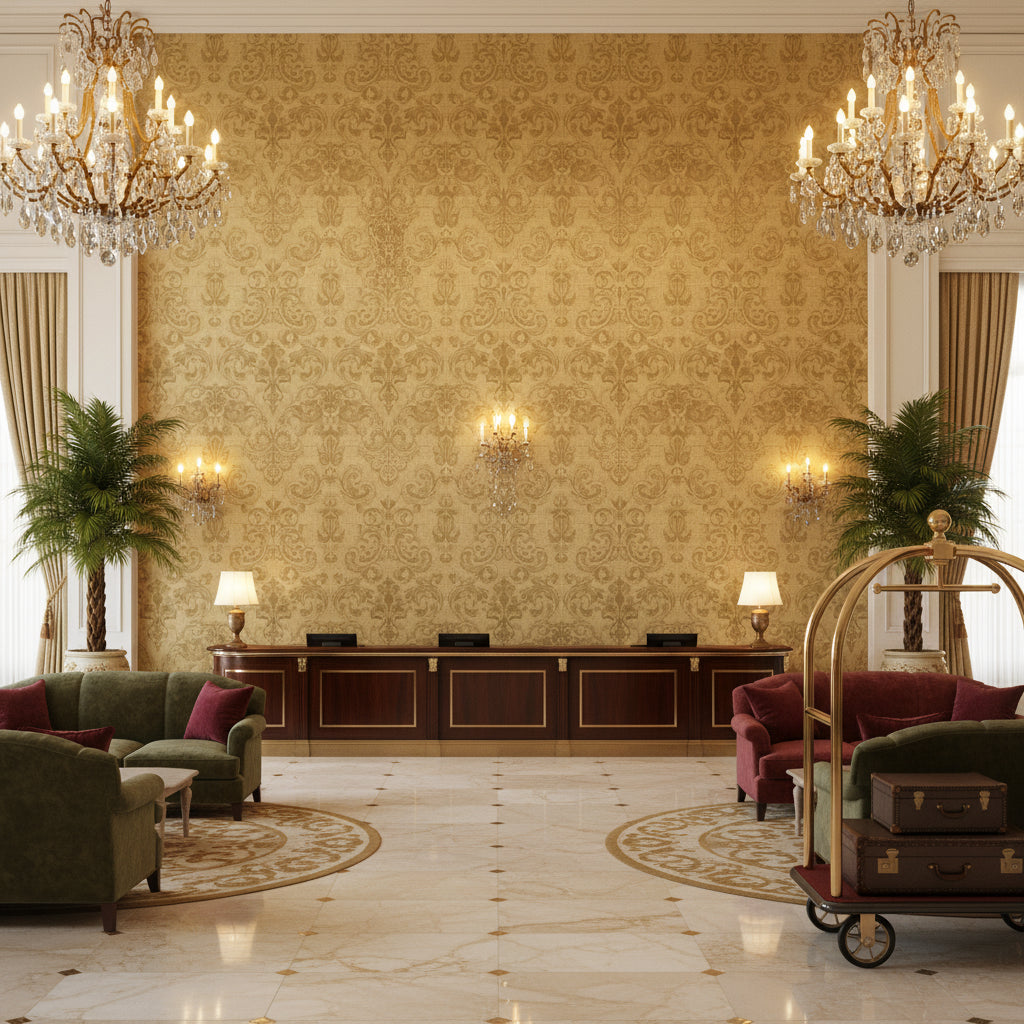 8012140.14.0 | Kravet - Hotel Lobby Visualization (AI-generated, may not be to scale. Verify pattern scale with product specifications.)