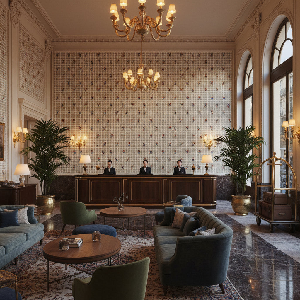 8013113.15.0 | Kravet - Hotel Lobby Visualization (AI-generated, may not be to scale. Verify pattern scale with product specifications.)
