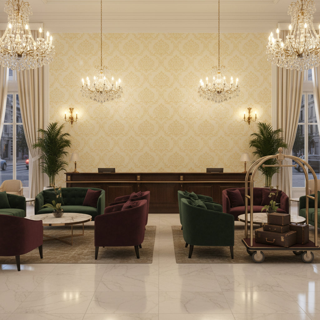 8013149.1.0 | Kravet - Hotel Lobby Visualization (AI-generated, may not be to scale. Verify pattern scale with product specifications.)