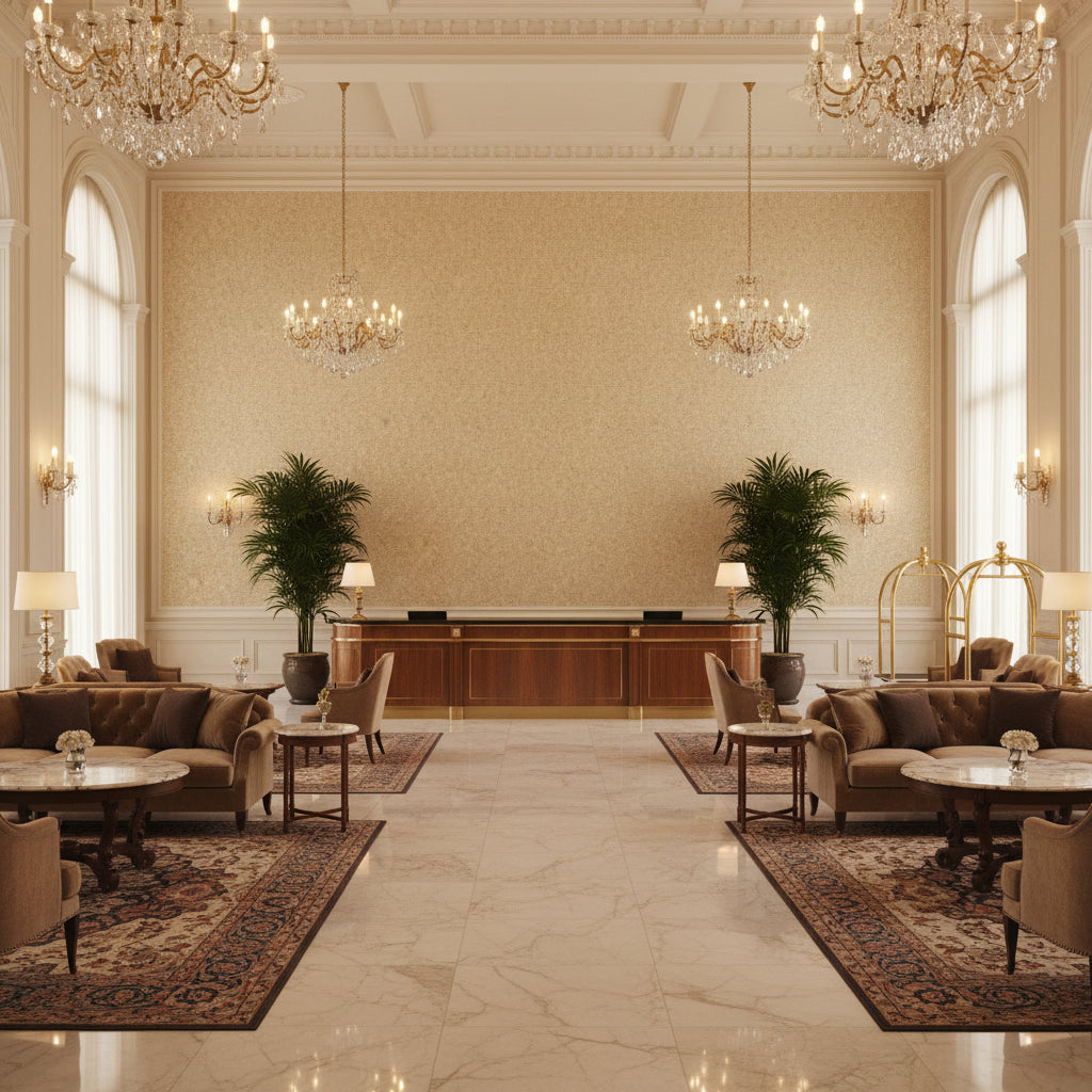 8013149.1116.0 | Kravet - Hotel Lobby Visualization (AI-generated, may not be to scale. Verify pattern scale with product specifications.)