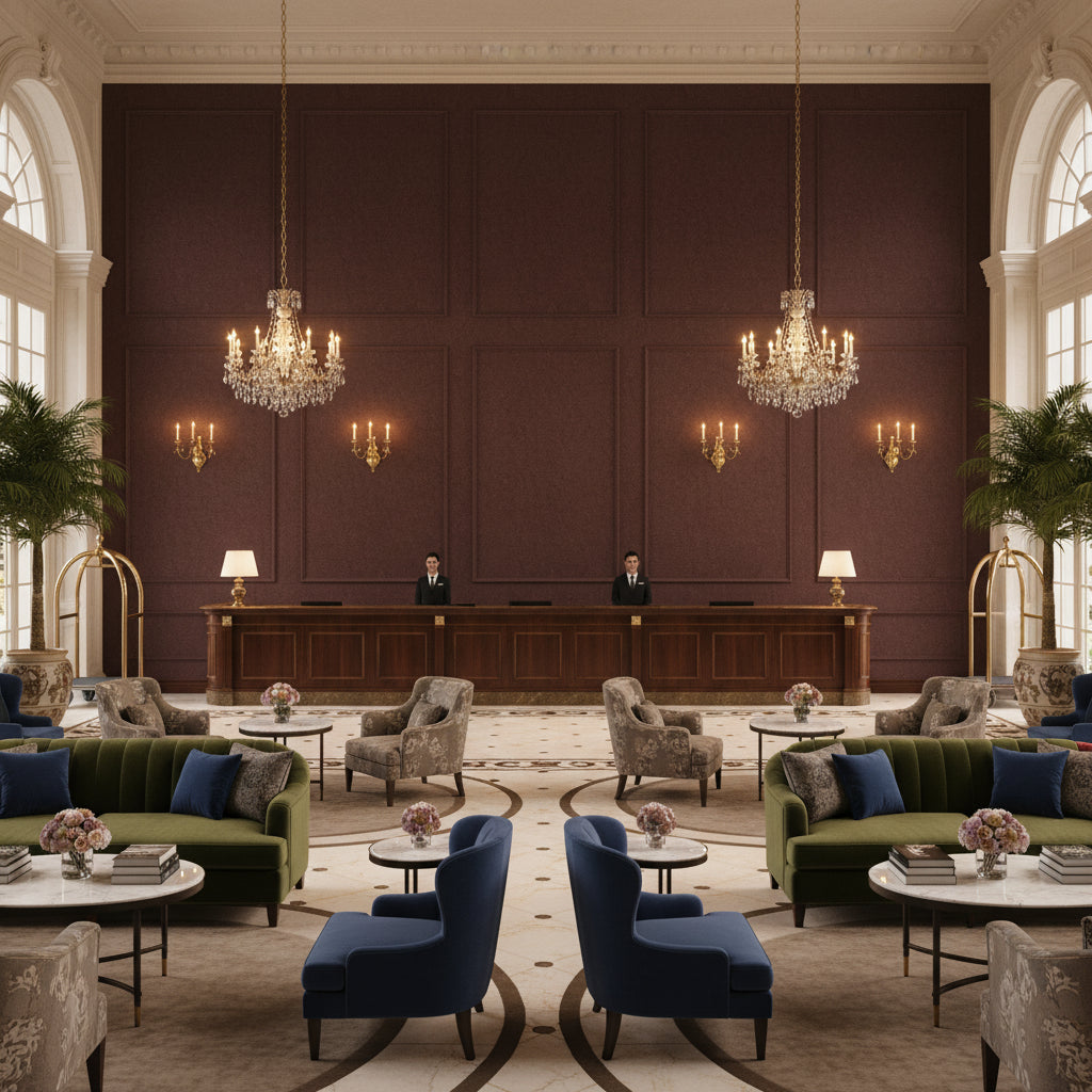 8013149.1610.0 | Kravet - Hotel Lobby Visualization (AI-generated, may not be to scale. Verify pattern scale with product specifications.)