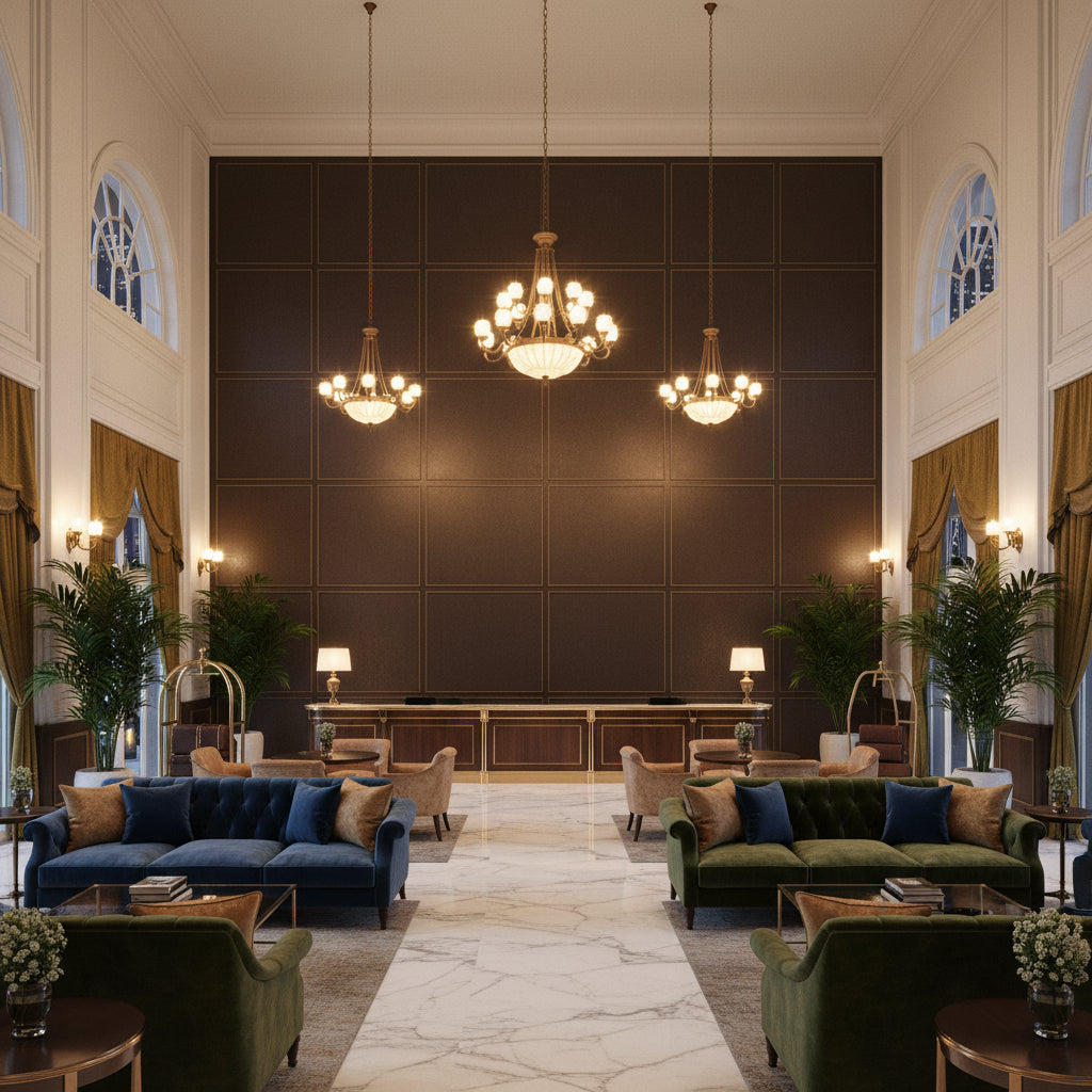 8013149.6666.0 | Kravet - Hotel Lobby Visualization (AI-generated, may not be to scale. Verify pattern scale with product specifications.)