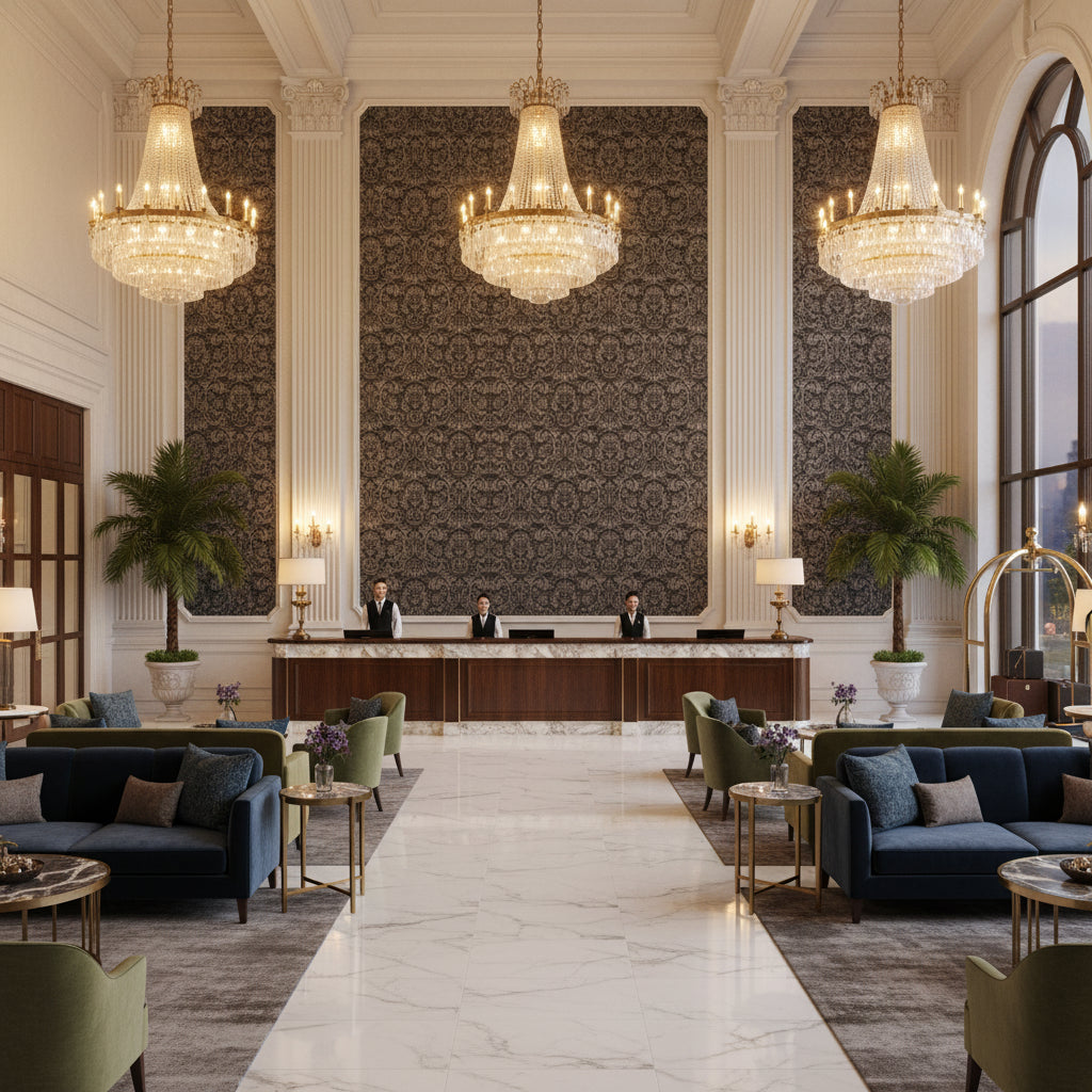 8013149.8.0 | Kravet - Hotel Lobby Visualization (AI-generated, may not be to scale. Verify pattern scale with product specifications.)