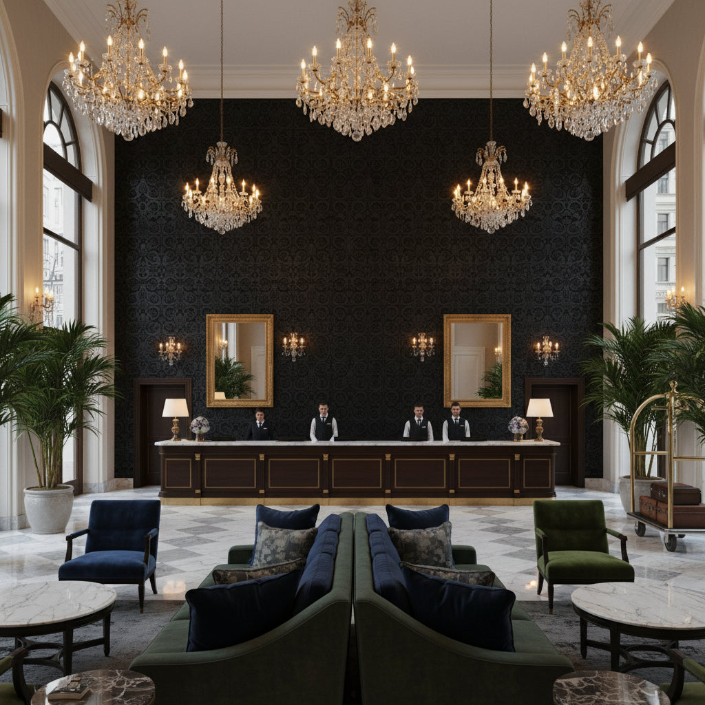 8013182.8.0 | Kravet - Hotel Lobby Visualization (AI-generated, may not be to scale. Verify pattern scale with product specifications.)
