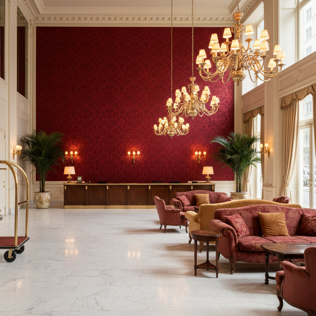 8013188.10.0 | Kravet - Hotel Lobby Visualization (AI-generated, may not be to scale. Verify pattern scale with product specifications.)