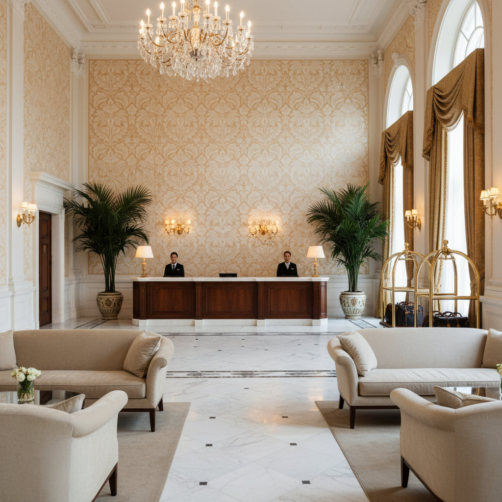 8013188.1116.0 | Kravet - Hotel Lobby Visualization (AI-generated, may not be to scale. Verify pattern scale with product specifications.)