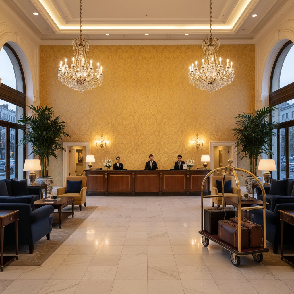 8013188.164.0 | Kravet - Hotel Lobby Visualization (AI-generated, may not be to scale. Verify pattern scale with product specifications.)