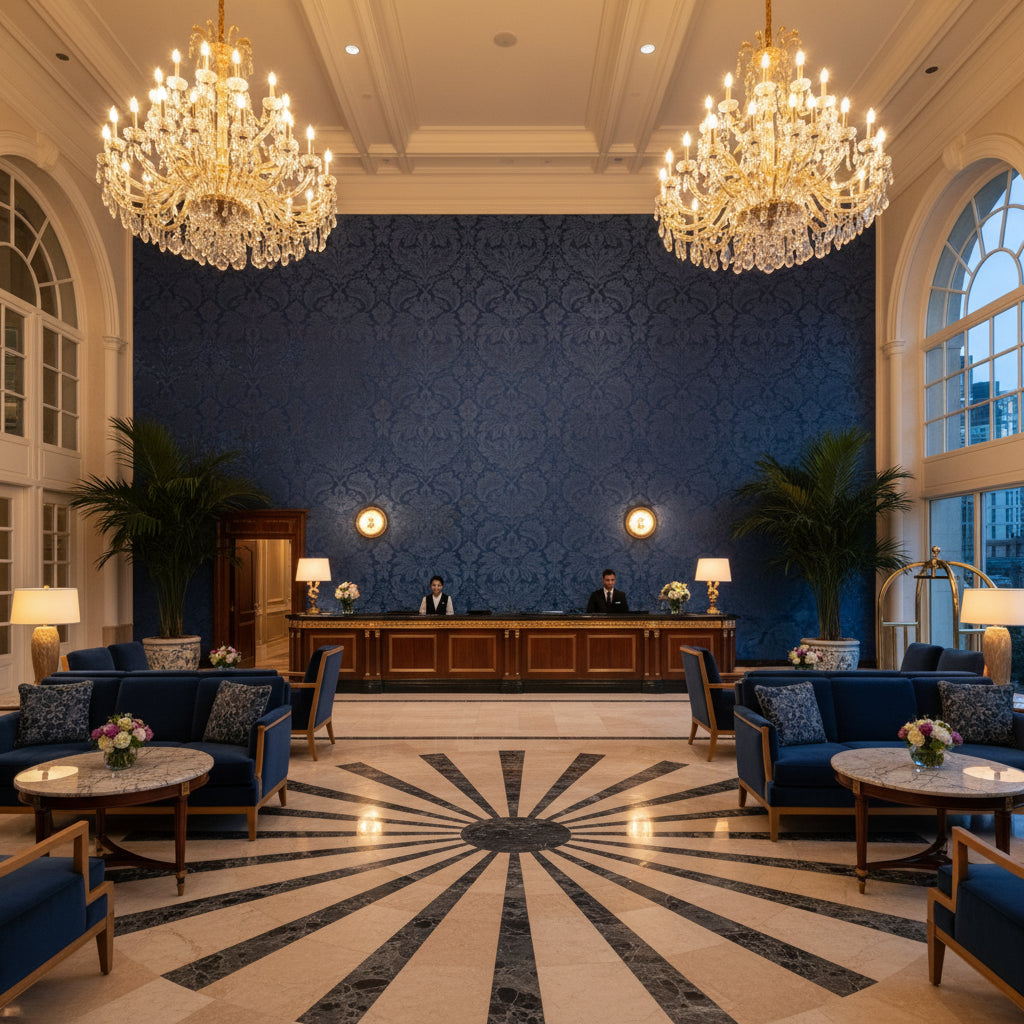 8013188.55.0 | Kravet - Hotel Lobby Visualization (AI-generated, may not be to scale. Verify pattern scale with product specifications.)