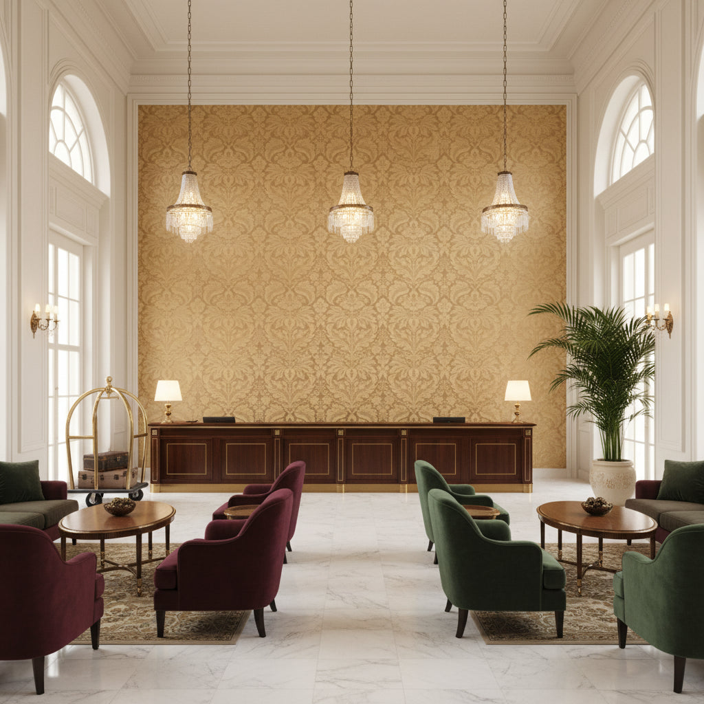 8013188.616.0 | Kravet - Hotel Lobby Visualization (AI-generated, may not be to scale. Verify pattern scale with product specifications.)