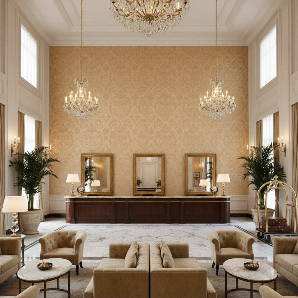 8013188.68.0 | Kravet - Hotel Lobby Visualization (AI-generated, may not be to scale. Verify pattern scale with product specifications.)