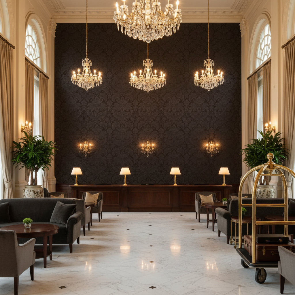 8013188.8.0 | Kravet - Hotel Lobby Visualization (AI-generated, may not be to scale. Verify pattern scale with product specifications.)