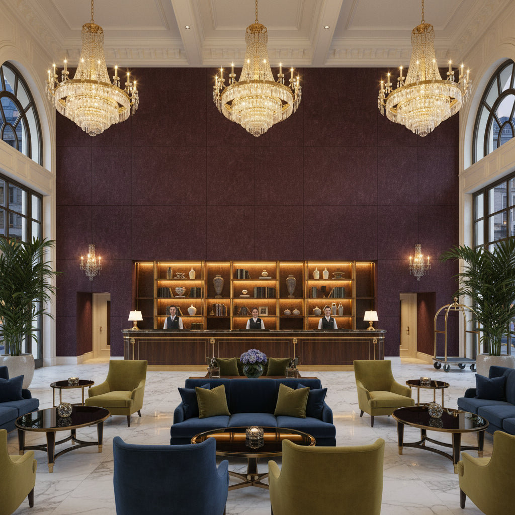 8014101.10.0 | Kravet - Hotel Lobby Visualization (AI-generated, may not be to scale. Verify pattern scale with product specifications.)