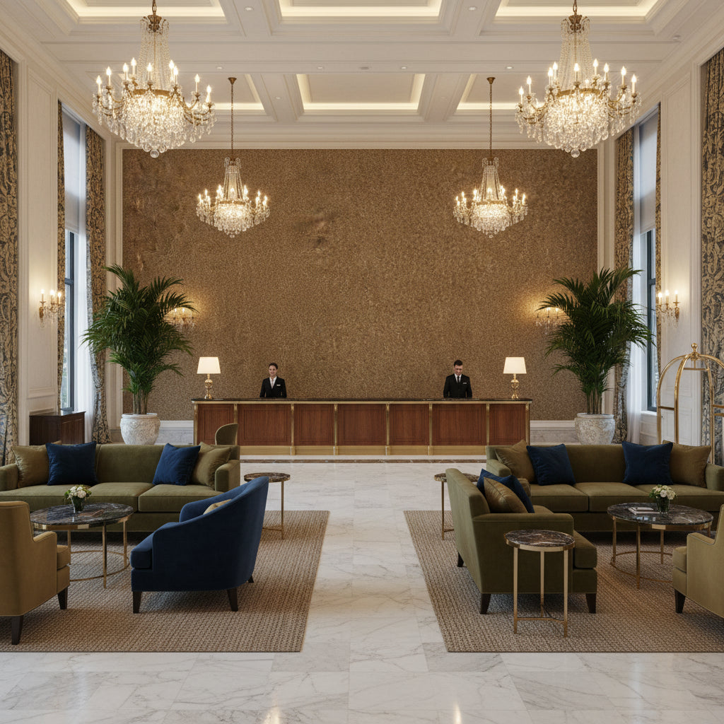 8014101.1611.0 | Kravet - Hotel Lobby Visualization (AI-generated, may not be to scale. Verify pattern scale with product specifications.)