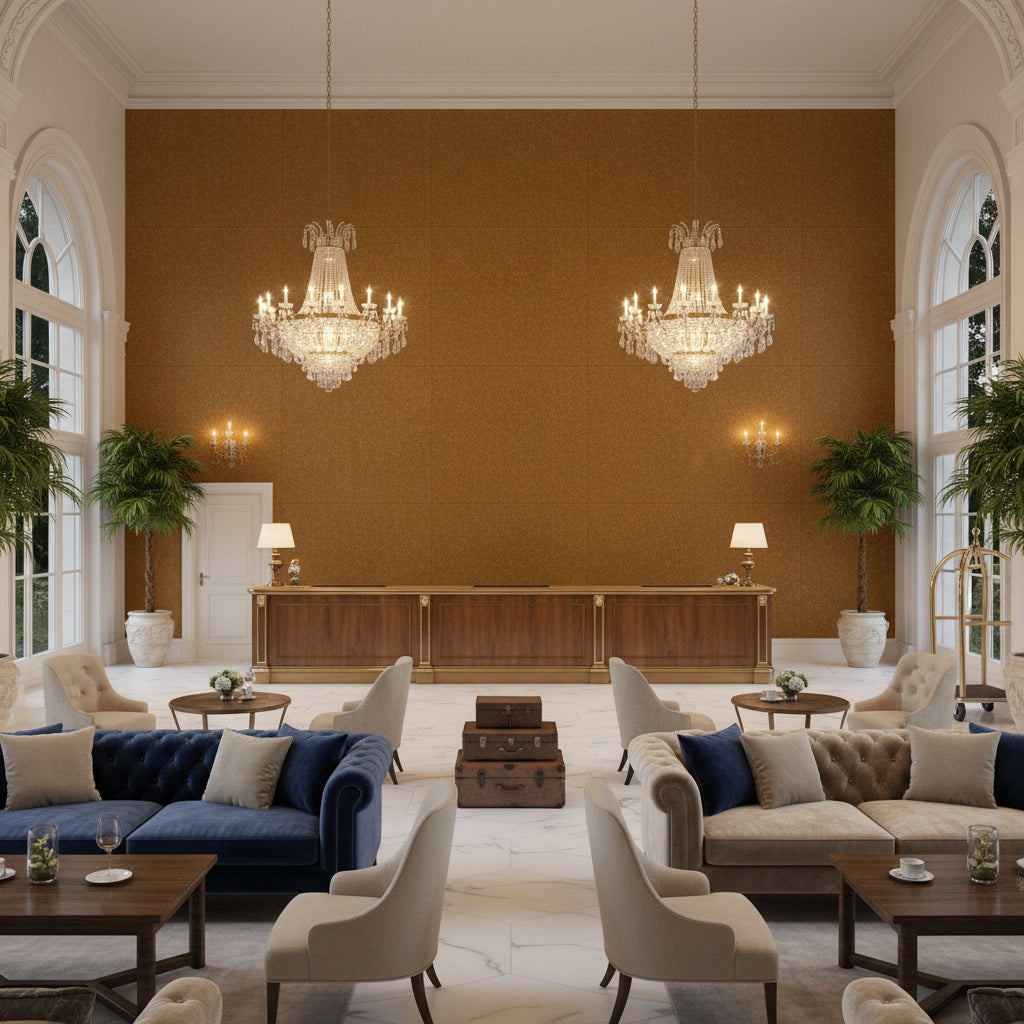 8014101.1616.0 | Kravet - Hotel Lobby Visualization (AI-generated, may not be to scale. Verify pattern scale with product specifications.)
