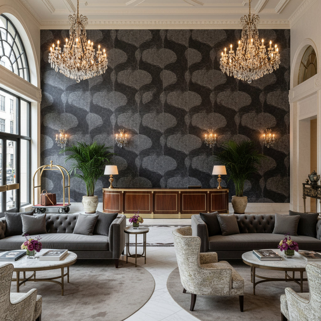 8014101.2121.0 | Kravet - Hotel Lobby Visualization (AI-generated, may not be to scale. Verify pattern scale with product specifications.)