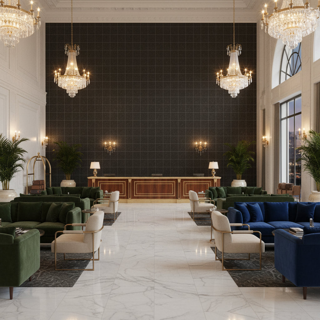 8014101.621.0 | Kravet - Hotel Lobby Visualization (AI-generated, may not be to scale. Verify pattern scale with product specifications.)