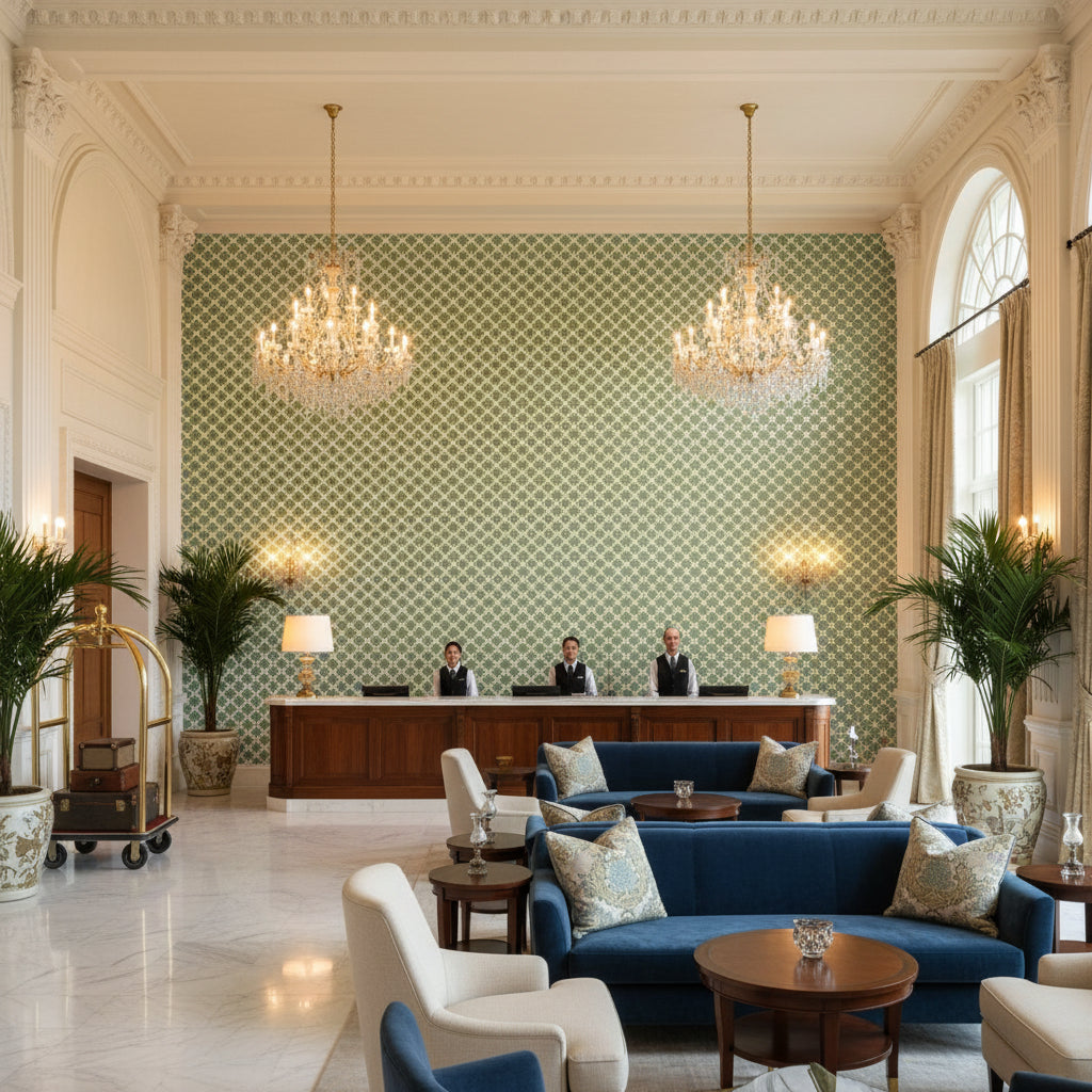 8015112.513.0 | Kravet - Hotel Lobby Visualization (AI-generated, may not be to scale. Verify pattern scale with product specifications.)