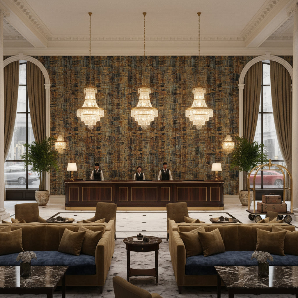8015159.408.0 | Kravet - Hotel Lobby Visualization (AI-generated, may not be to scale. Verify pattern scale with product specifications.)