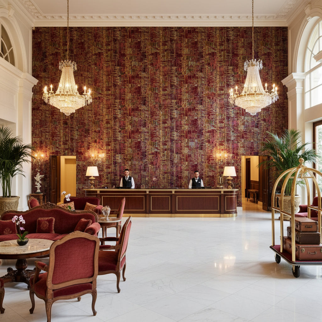 8015159.910.0 | Kravet - Hotel Lobby Visualization (AI-generated, may not be to scale. Verify pattern scale with product specifications.)