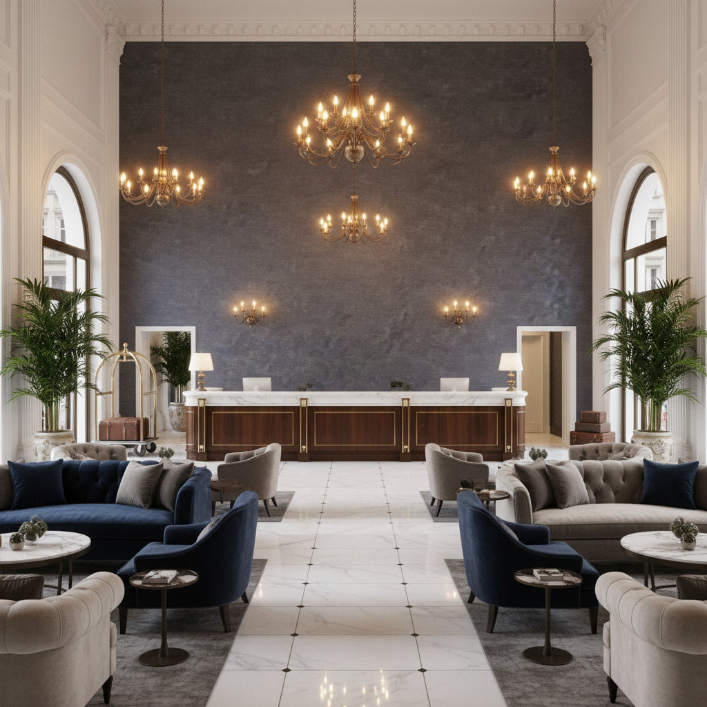 8016103.1115.0 | Kravet - Hotel Lobby Visualization (AI-generated, may not be to scale. Verify pattern scale with product specifications.)