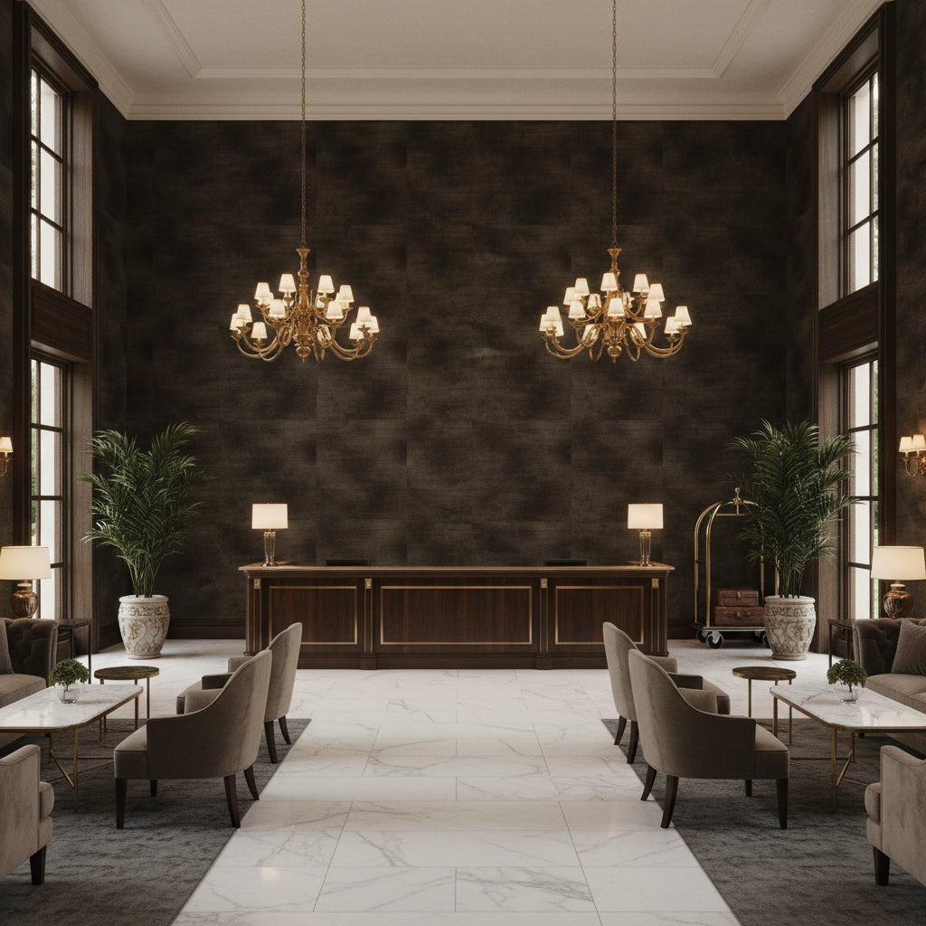 8016103.611.0 | Kravet - Hotel Lobby Visualization (AI-generated, may not be to scale. Verify pattern scale with product specifications.)
