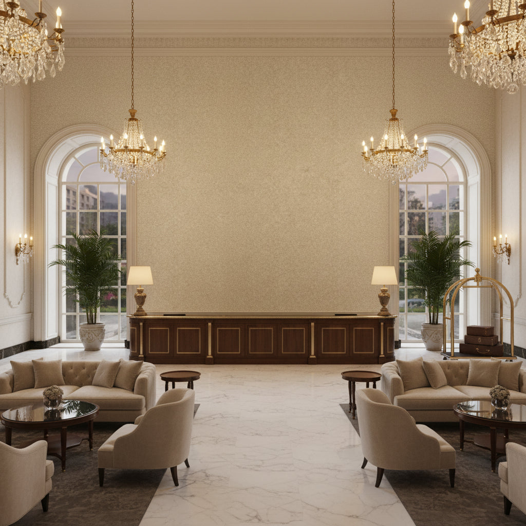 8016108.1.0 | Kravet - Hotel Lobby Visualization (AI-generated, may not be to scale. Verify pattern scale with product specifications.)