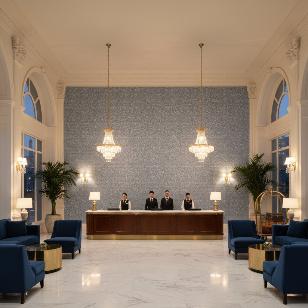 8016108.15.0 | Kravet - Hotel Lobby Visualization (AI-generated, may not be to scale. Verify pattern scale with product specifications.)