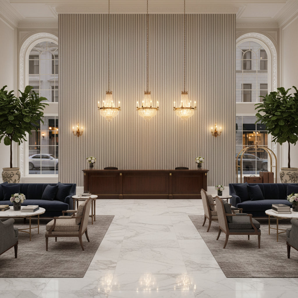 8017103.11.0 | Kravet - Hotel Lobby Visualization (AI-generated, may not be to scale. Verify pattern scale with product specifications.)