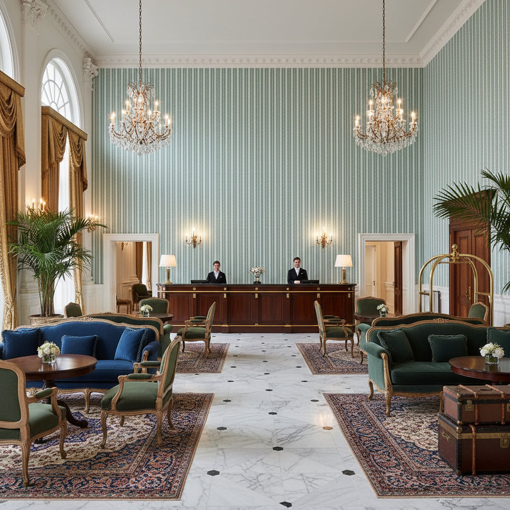8017103.133.0 | Kravet - Hotel Lobby Visualization (AI-generated, may not be to scale. Verify pattern scale with product specifications.)